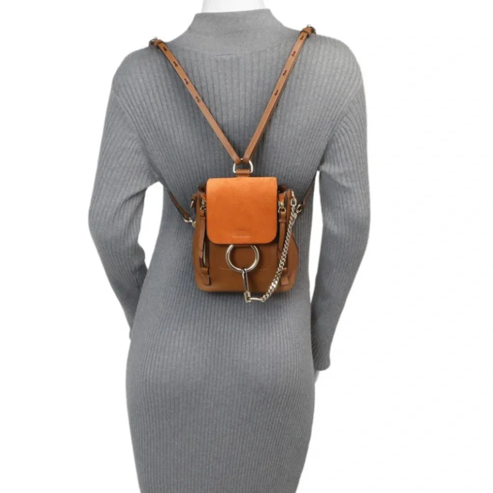 Chloe Faye Mini Backpack Tobacco Brown Suede Leather Gold Circle Hardware - Picture 2 of 15